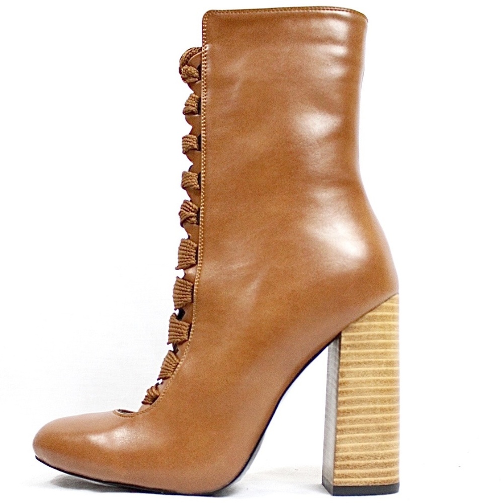 Chunky Stacked Heel Ankle Lace Up Round Toe bootie